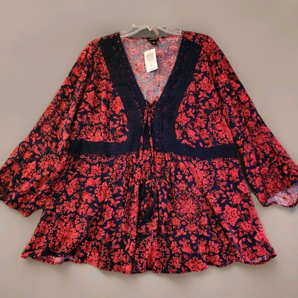 NWT Torrid Babydoll Gauze Crochet Trim Lace‎ Up Top Womens Size 2X Floral BOHO